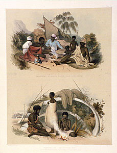 Encampment of native women near Cape Jervis (top) Natives of Encounter bay making cord for fishiing nets (bottom) 1846-7 (National Gallery of Australia 43887)